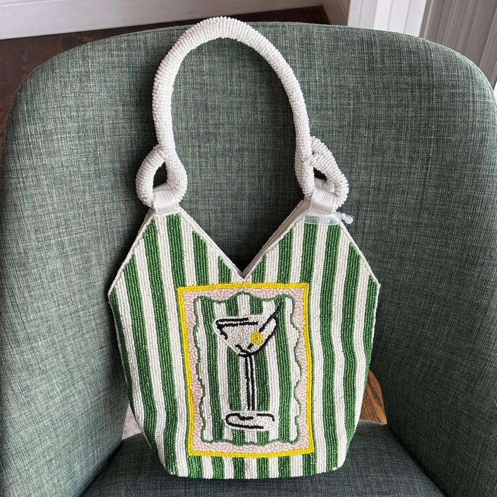 Beaded Martini Green White purse Tote Bag handle bag Vacation Women’s NWT preppy - Picture 1 of 10